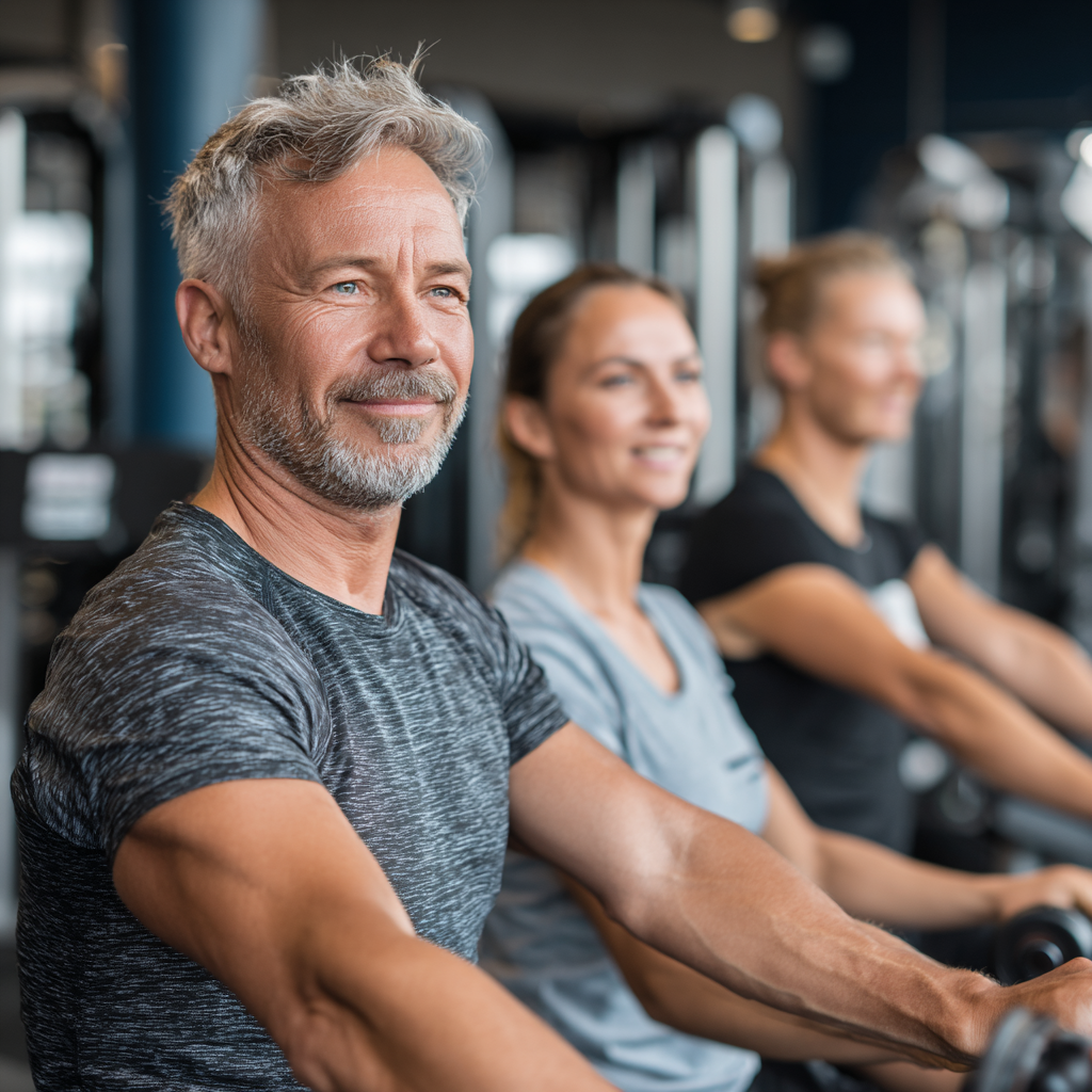 Middle-aged adults exercising with professional trainers in modern fitness facility